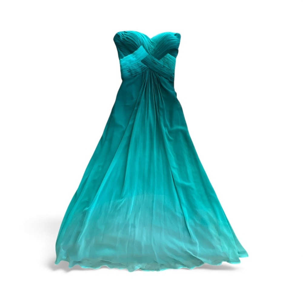 La Femme Strapless Aqua rhinestone crisscross back prom wedding Dress Sz 2